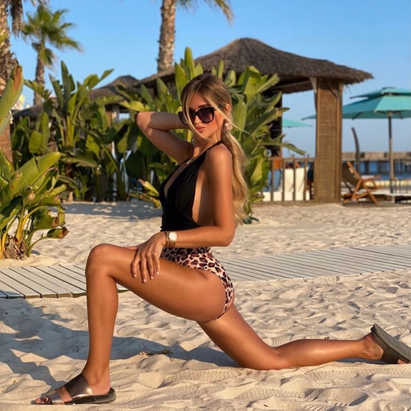 Black And Pink Peach Leopard Cheetah Print Punge V One Piece PLUS SIZE XXL 2X - Picture 2 of 5